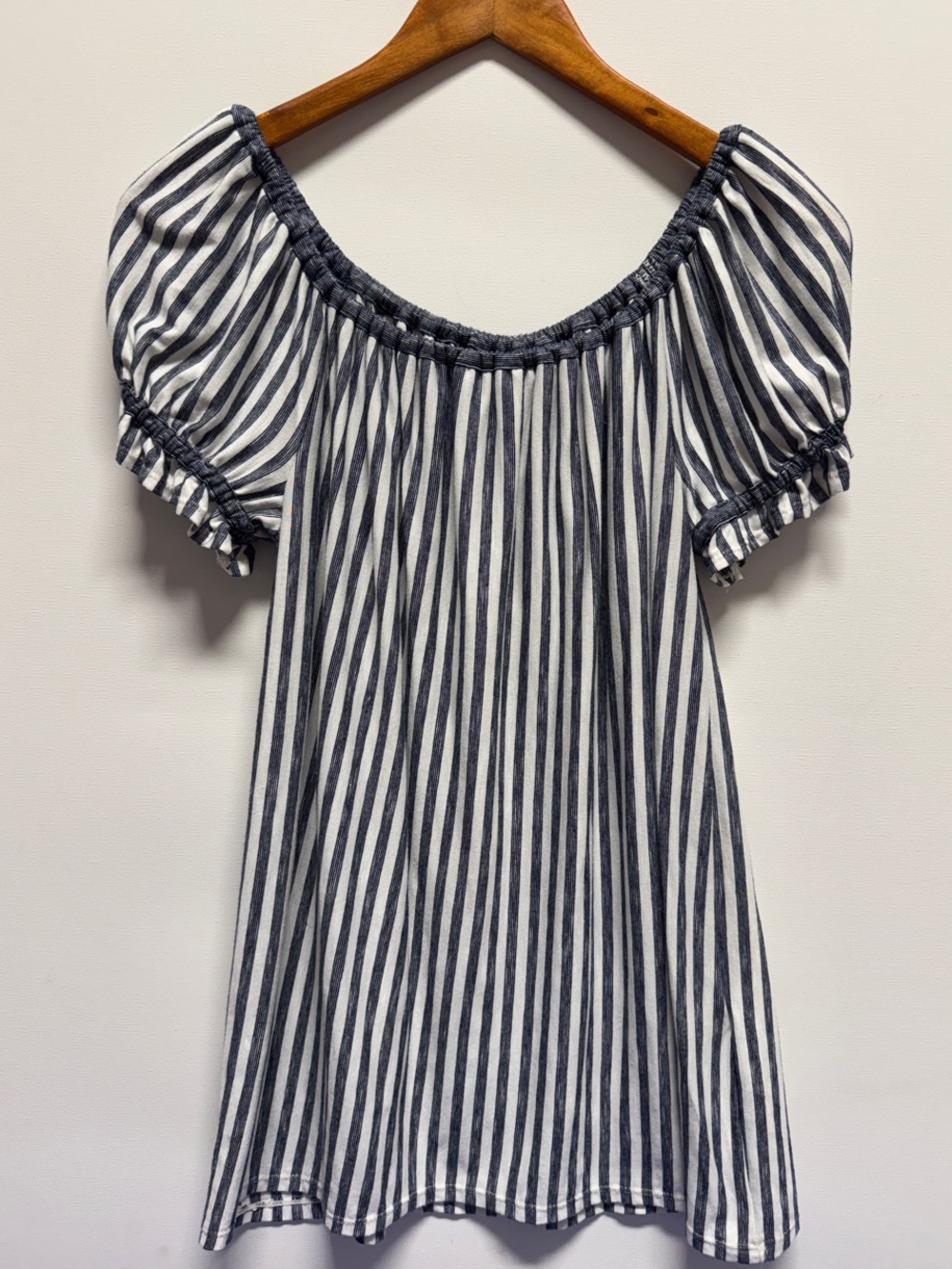 Max Studio Navy Blue & White Off-Shoulder Striped Puff Sleeve Top